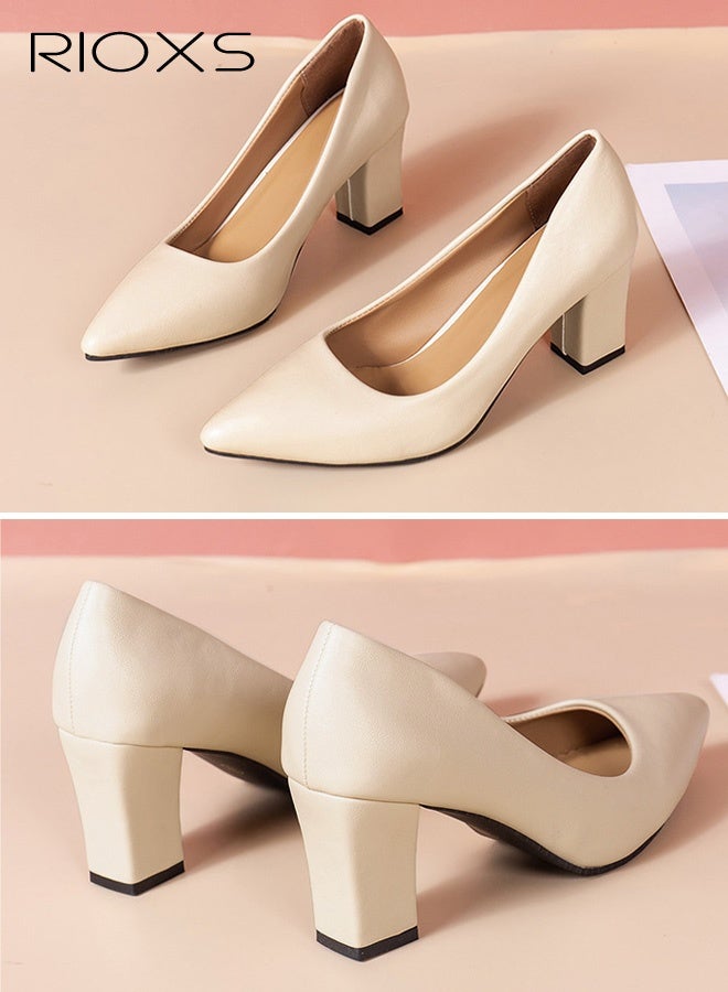 ريوكس حذاء نسائي بكعب سميك احترافي، حذاء مكتبي كلاسيكي وأنيق بمقدمة مدببة، حذاء مريح بكعب سميك غير رسمي للمكتب، اجتماعات العمل، المؤتمرات، أو بيئة العمل الرسمية، لون بيج - Image 4